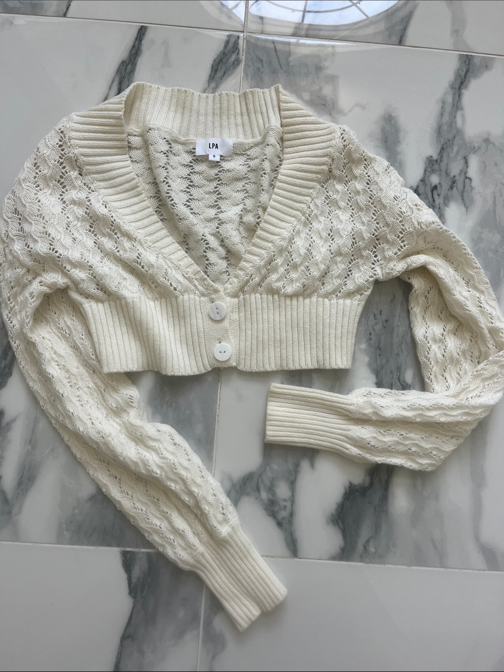 LPA Cream Cropped Open-Knit Button Cardigan